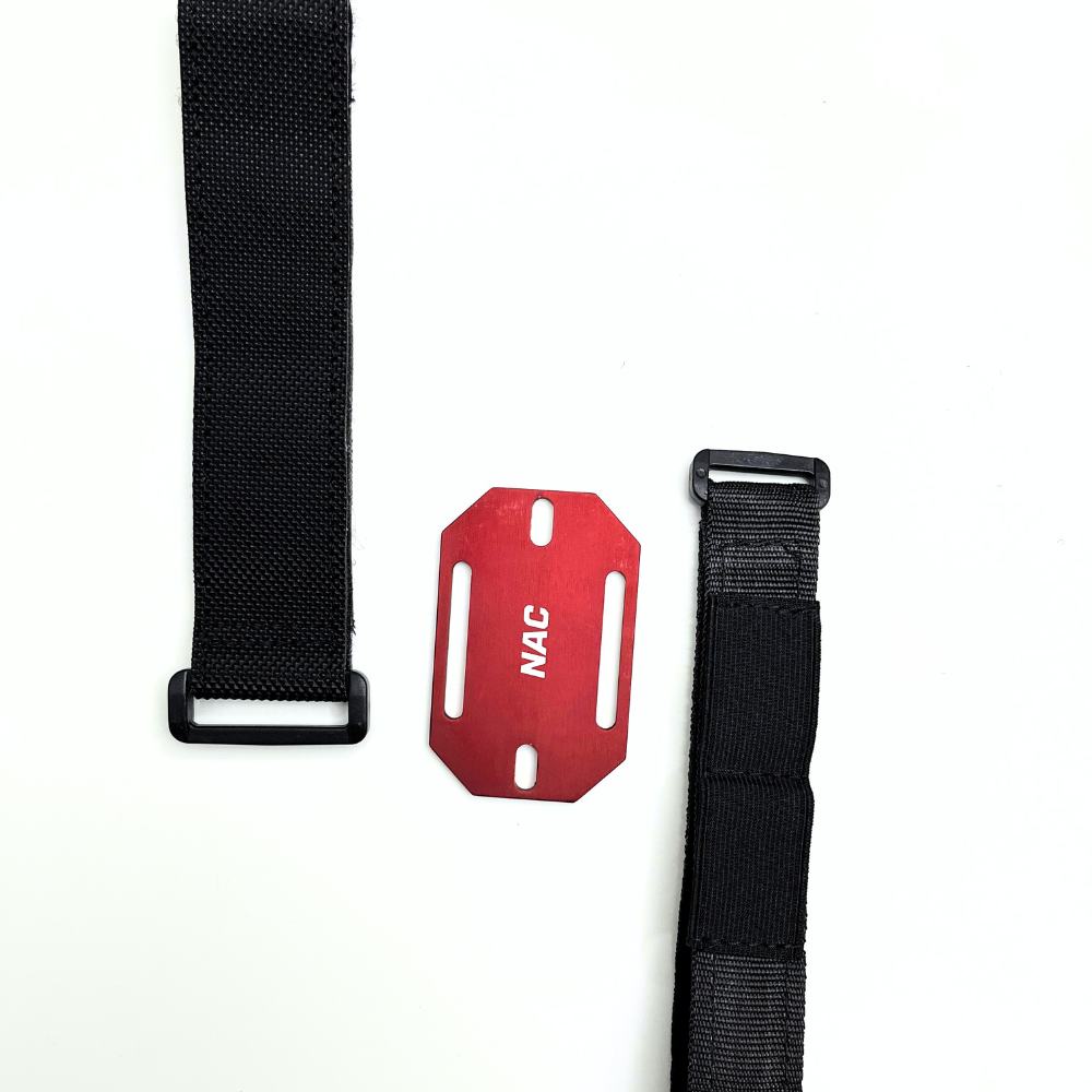 Black and Red Metal strap mount for mountain bike to carry spare tube, CO2 Cartridges, multitool and accessories