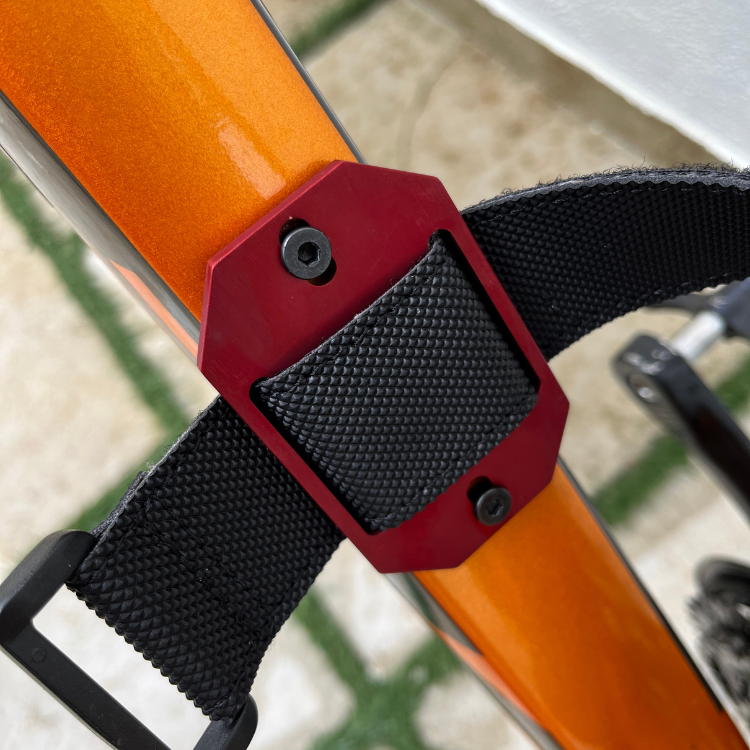 Black and Red Metal strap mount for mountain bike to carry spare tube, CO2 Cartridges, multitool and accessories