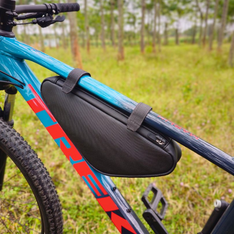 Black triangle frame bag for cycle touring