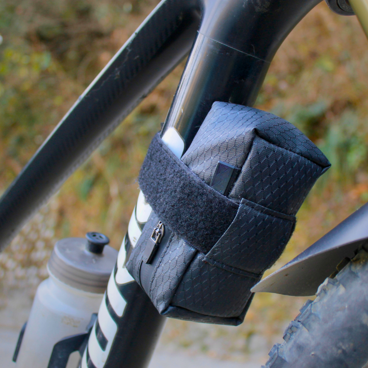 Waterproof Black frame bag that attaches to the downtube or on the top tube of a cycle