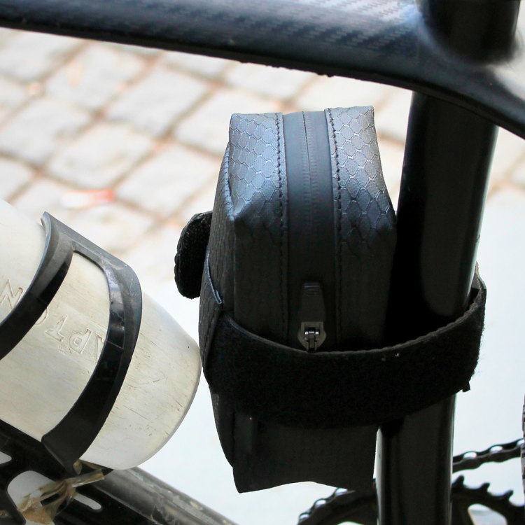 Waterproof Black frame bag that attaches to the downtube or on the top tube of a cycle