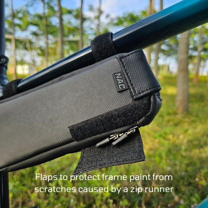 Waterproof Black Frame bag for cycle that attaches to the downtube and toptube